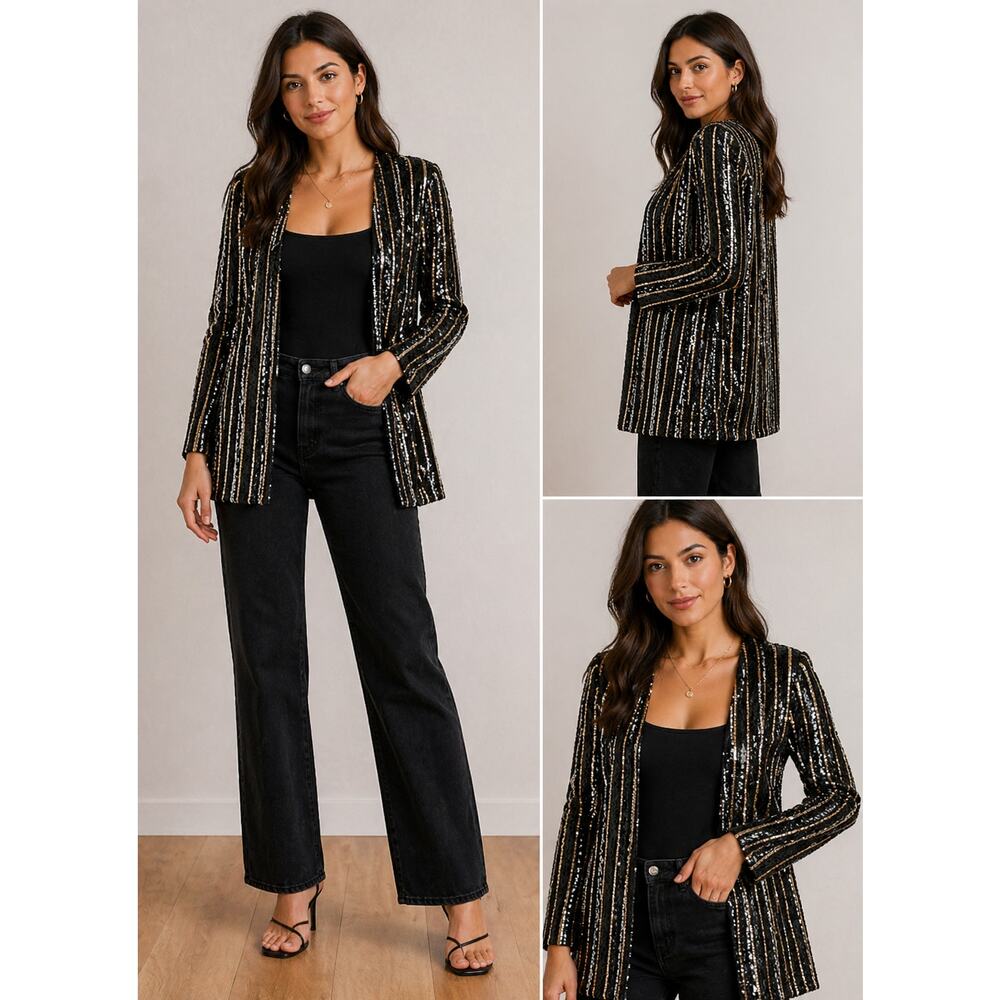 Wyldr Dress Jacket Blazer Sequin sz XS black and Cream Stripes